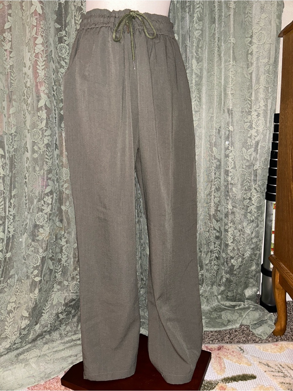 55% linen 45% Cotton Drawstring Relaxed Fit Wide Leg Pants - Olive Green Brown